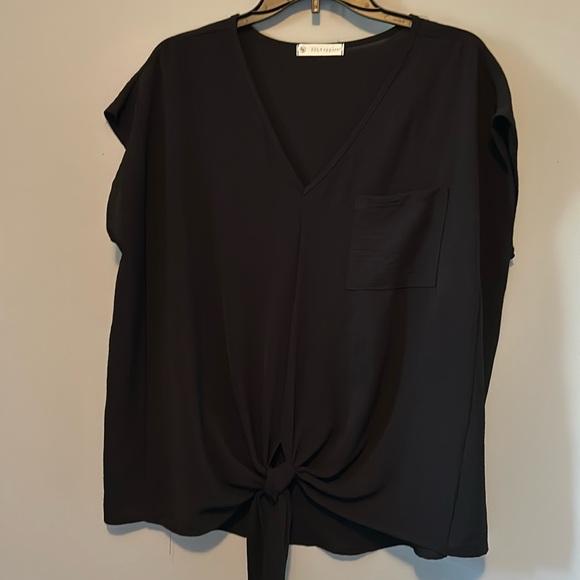 Black V-Neck Blouse with Tie Front Small - Picture 1 of 6